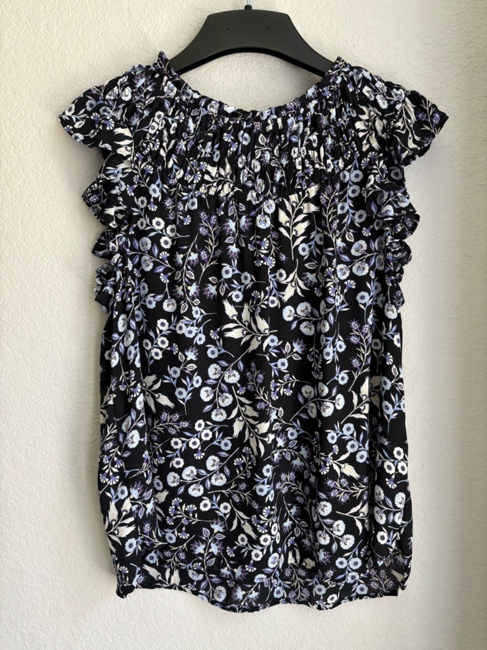 LOFT Black Floral Ruffle Sleeve Blouse with Lavender Accents